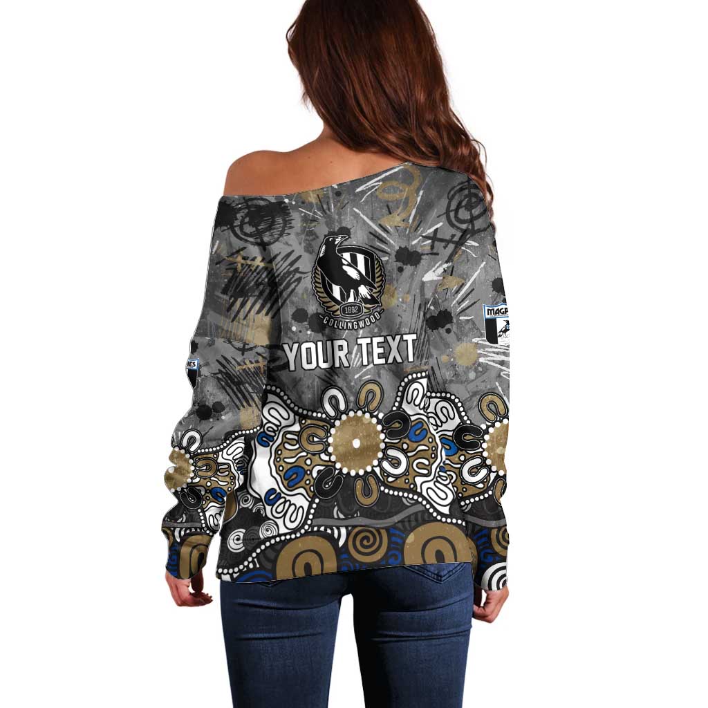 Personalized Collingwood Magpies Off Shoulder Sweater Aboriginal Dot Painting Graffiti Style