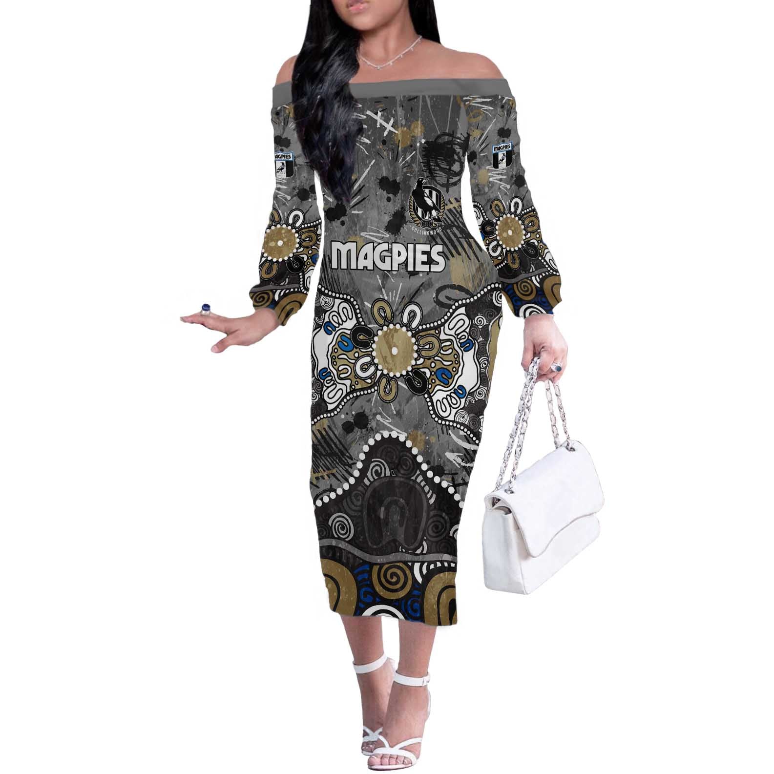 Personalized Collingwood Magpies Off The Shoulder Long Sleeve Dress Aboriginal Dot Painting Graffiti Style
