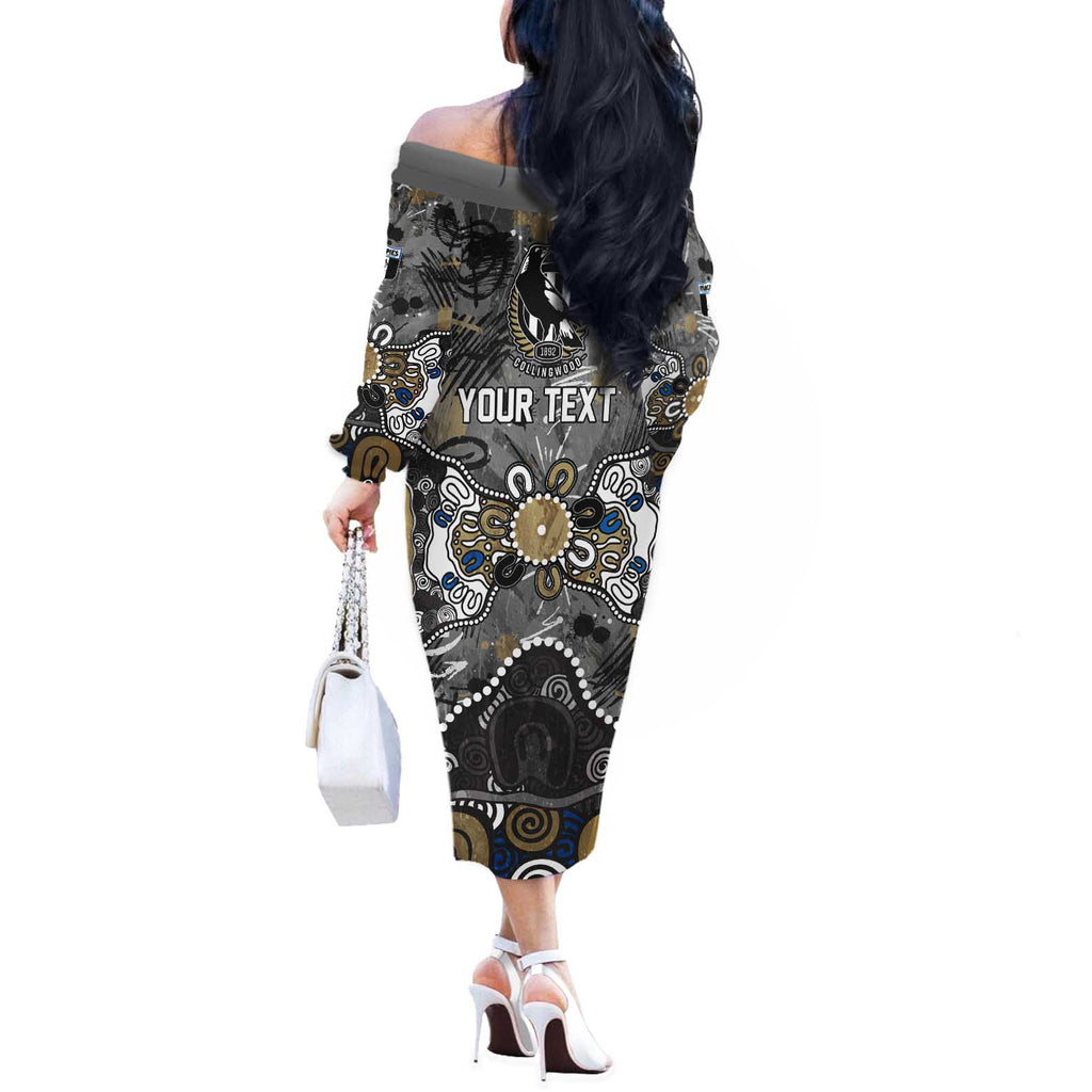 Personalized Collingwood Magpies Off The Shoulder Long Sleeve Dress Aboriginal Dot Painting Graffiti Style