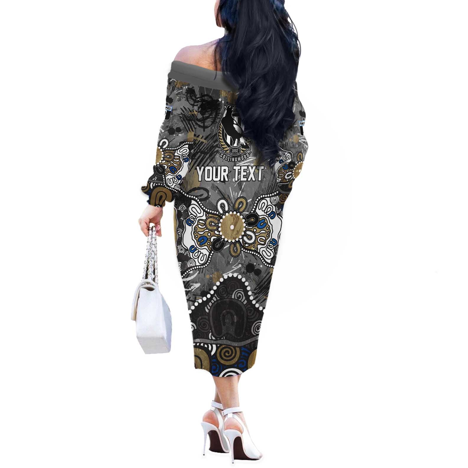 Personalized Collingwood Magpies Off The Shoulder Long Sleeve Dress Aboriginal Dot Painting Graffiti Style