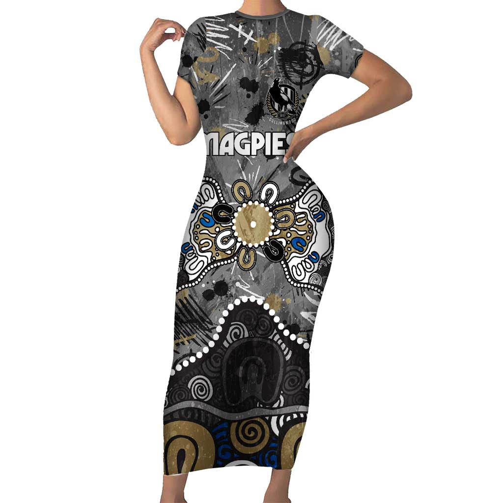 Personalized Collingwood Magpies Short Sleeve Bodycon Dress Aboriginal Dot Painting Graffiti Style