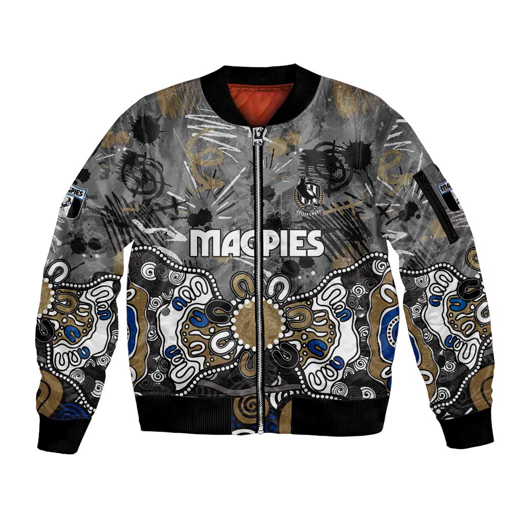 Personalized Collingwood Magpies Sleeve Zip Bomber Jacket Aboriginal Dot Painting Graffiti Style