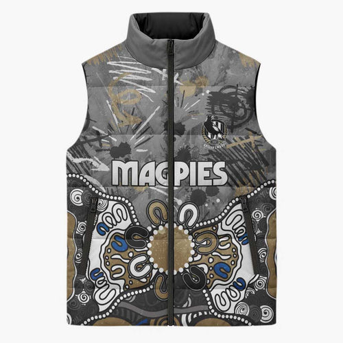Personalized Collingwood Magpies Sleeveless Puffer Jacket Aboriginal Dot Painting Graffiti Style
