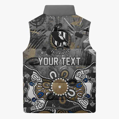 Personalized Collingwood Magpies Sleeveless Puffer Jacket Aboriginal Dot Painting Graffiti Style