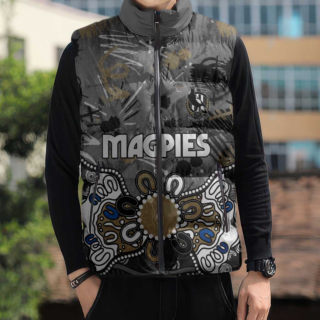 Personalized Collingwood Magpies Sleeveless Puffer Jacket Aboriginal Dot Painting Graffiti Style