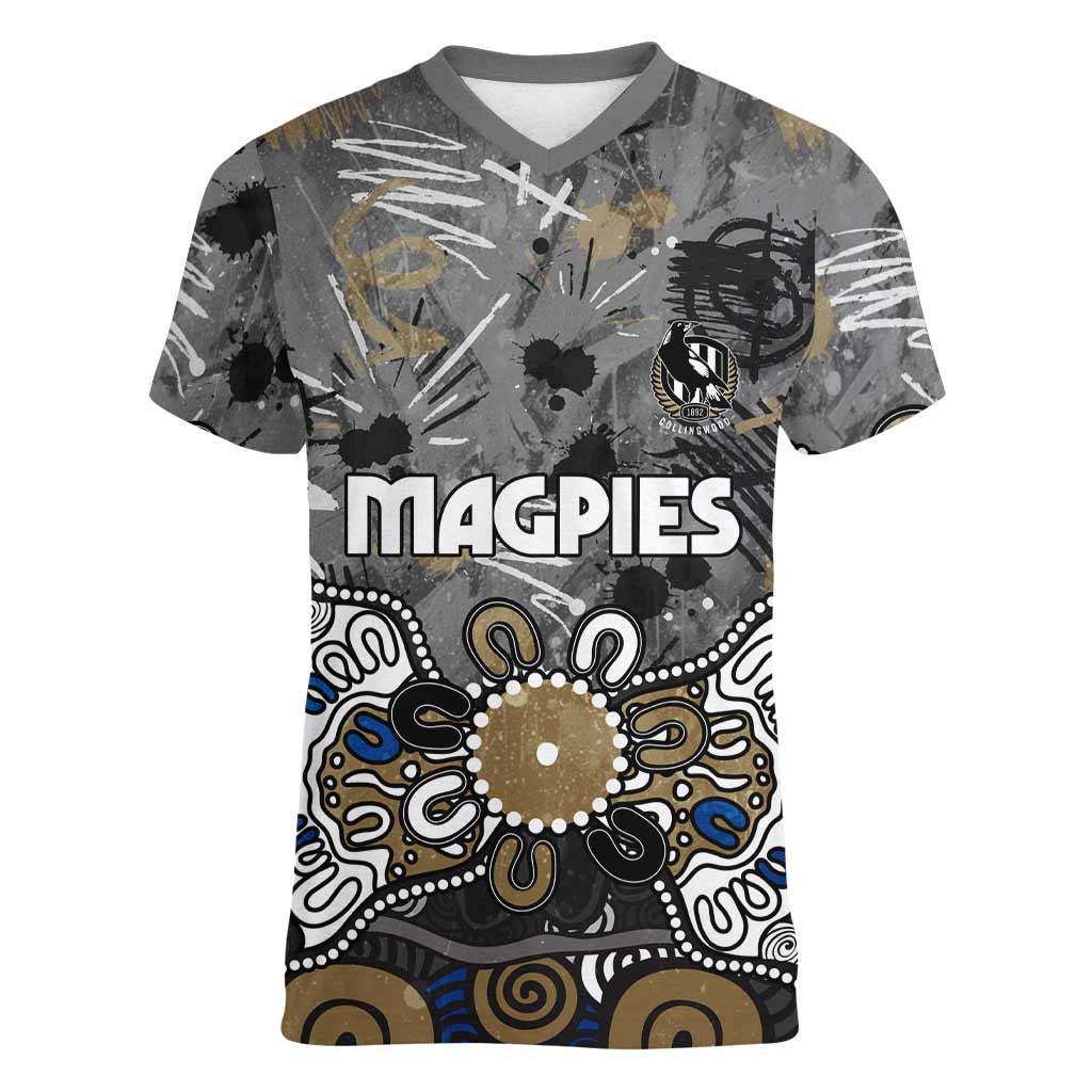 Personalized Collingwood Magpies Women V-Neck T-Shirt Aboriginal Dot Painting Graffiti Style