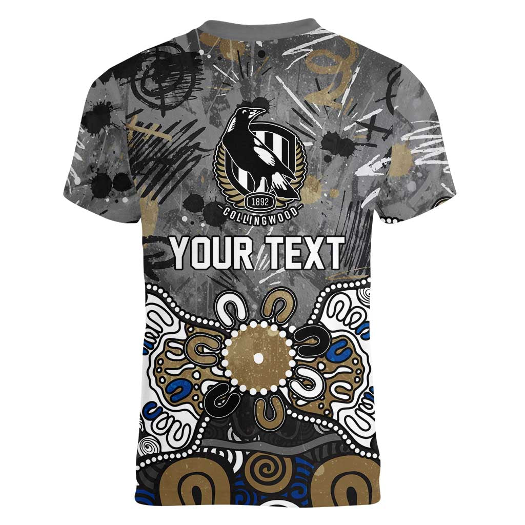 Personalized Collingwood Magpies Women V-Neck T-Shirt Aboriginal Dot Painting Graffiti Style