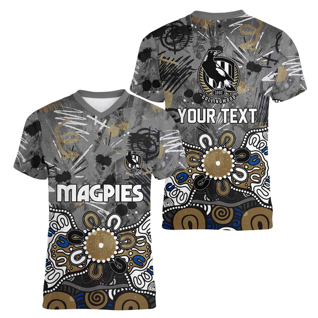 Personalized Collingwood Magpies Women V-Neck T-Shirt Aboriginal Dot Painting Graffiti Style