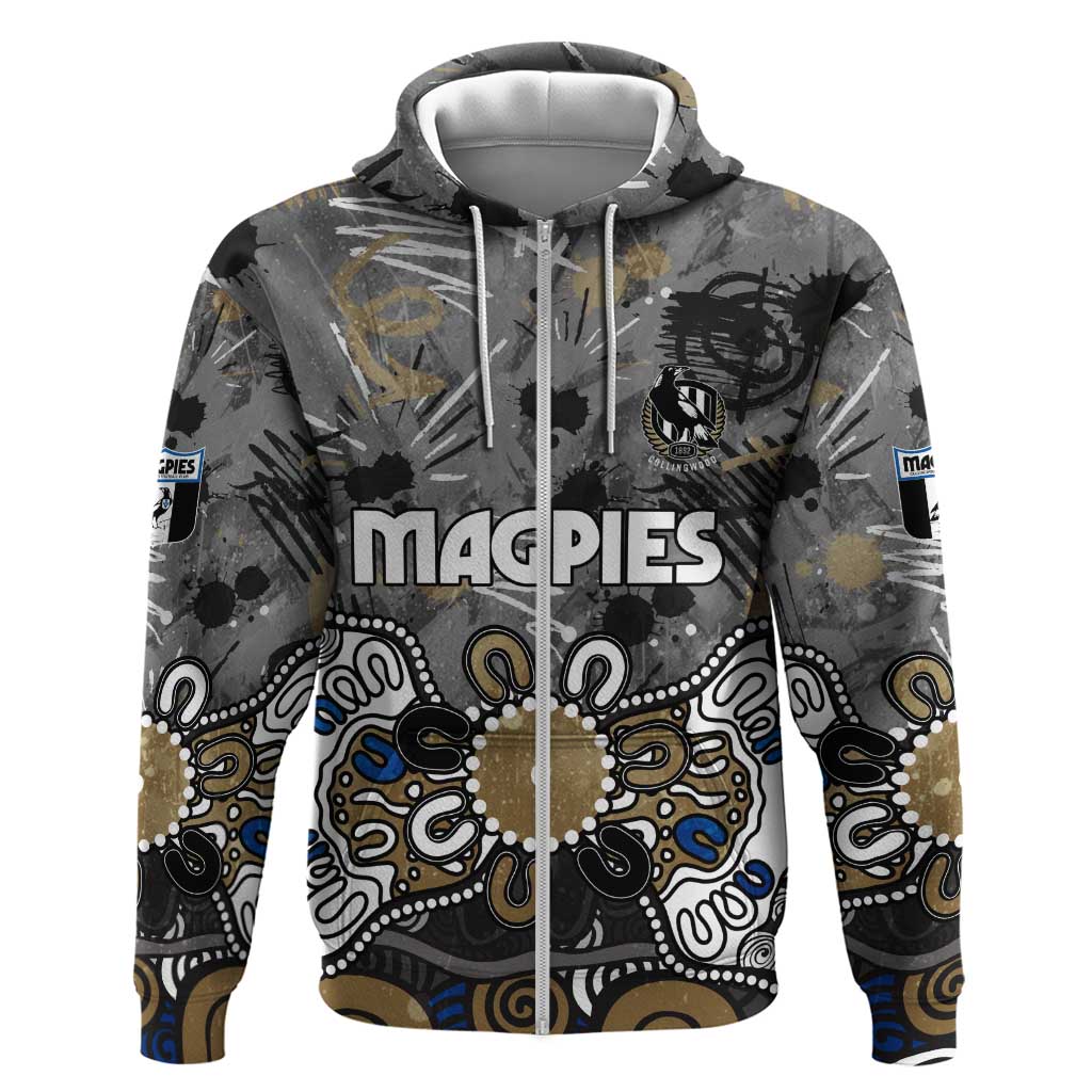 Personalized Collingwood Magpies Zip Hoodie Aboriginal Dot Painting Graffiti Style