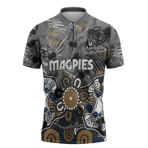 Personalized Collingwood Magpies Zipper Polo Shirt Aboriginal Dot Painting Graffiti Style