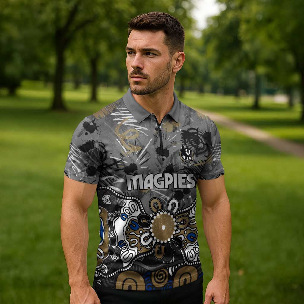 Personalized Collingwood Magpies Zipper Polo Shirt Aboriginal Dot Painting Graffiti Style