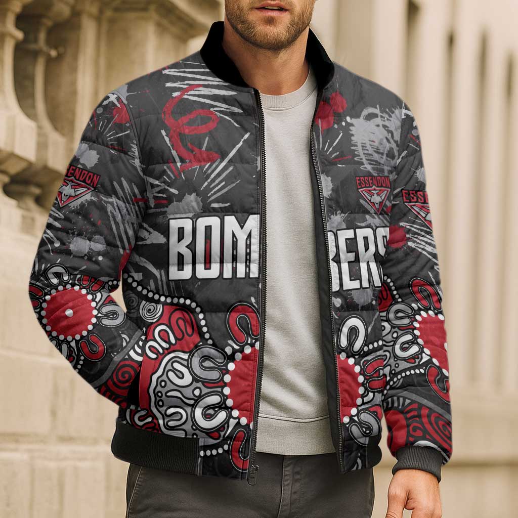 Personalized Essendon Bombers Bomber Puffer Jacket Aboriginal Dot Painting Graffiti Style