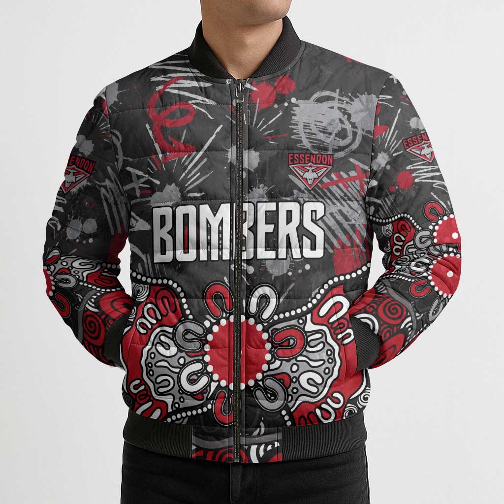 Personalized Essendon Bombers Bomber Puffer Jacket Aboriginal Dot Painting Graffiti Style