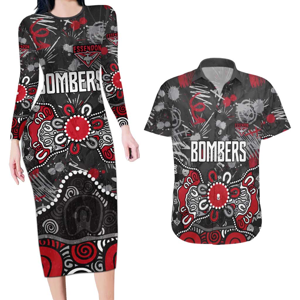 Personalized Essendon Bombers Couples Matching Long Sleeve Bodycon Dress and Hawaiian Shirt Aboriginal Dot Painting Graffiti Style
