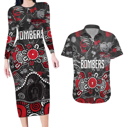 Personalized Essendon Bombers Couples Matching Long Sleeve Bodycon Dress and Hawaiian Shirt Aboriginal Dot Painting Graffiti Style