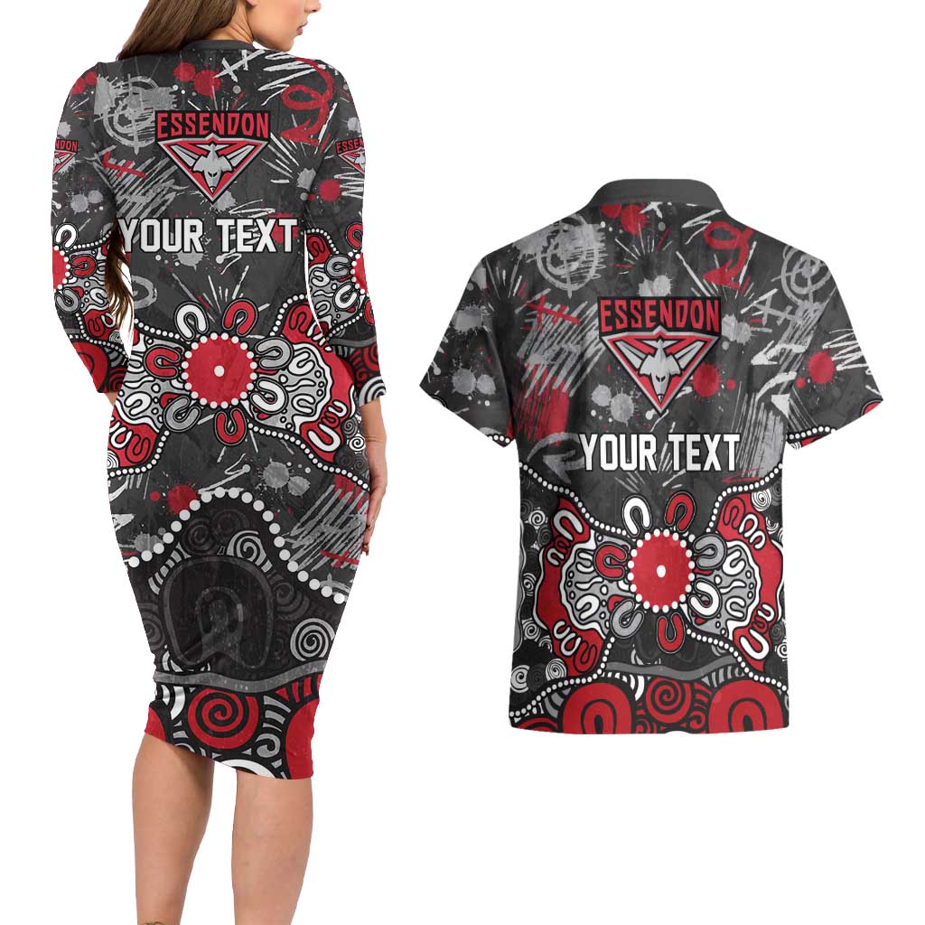 Personalized Essendon Bombers Couples Matching Long Sleeve Bodycon Dress and Hawaiian Shirt Aboriginal Dot Painting Graffiti Style