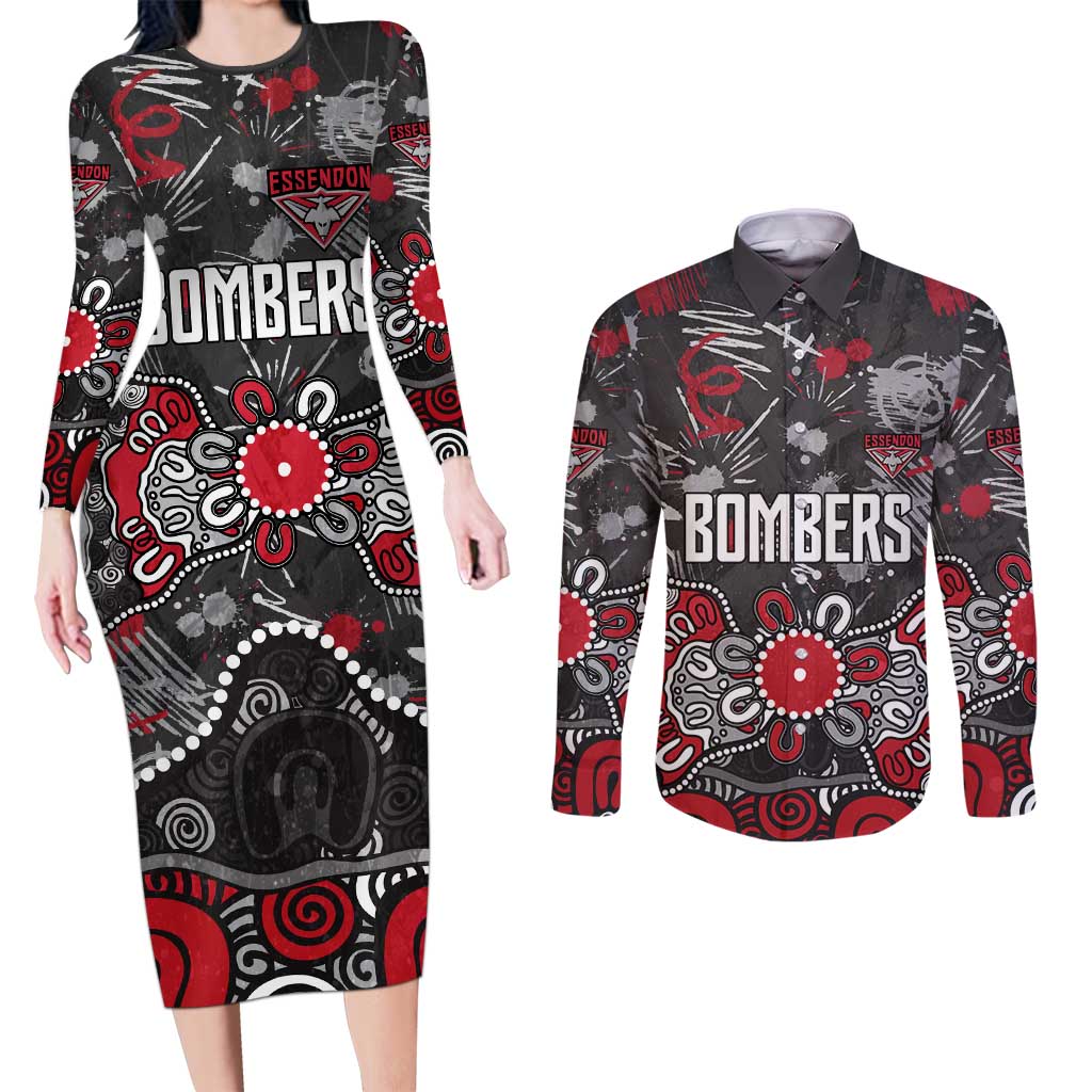 Personalized Essendon Bombers Couples Matching Long Sleeve Bodycon Dress and Long Sleeve Button Shirt Aboriginal Dot Painting Graffiti Style