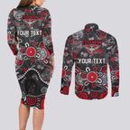Personalized Essendon Bombers Couples Matching Long Sleeve Bodycon Dress and Long Sleeve Button Shirt Aboriginal Dot Painting Graffiti Style