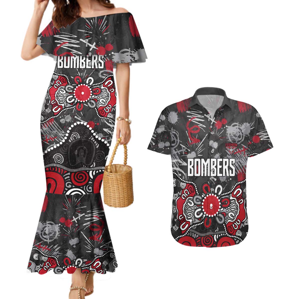 Personalized Essendon Bombers Couples Matching Mermaid Dress and Hawaiian Shirt Aboriginal Dot Painting Graffiti Style