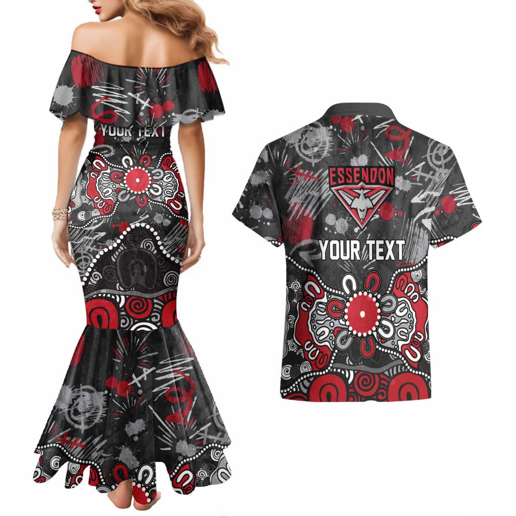 Personalized Essendon Bombers Couples Matching Mermaid Dress and Hawaiian Shirt Aboriginal Dot Painting Graffiti Style