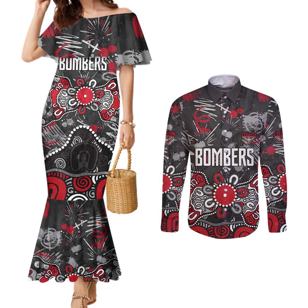 Personalized Essendon Bombers Couples Matching Mermaid Dress and Long Sleeve Button Shirt Aboriginal Dot Painting Graffiti Style