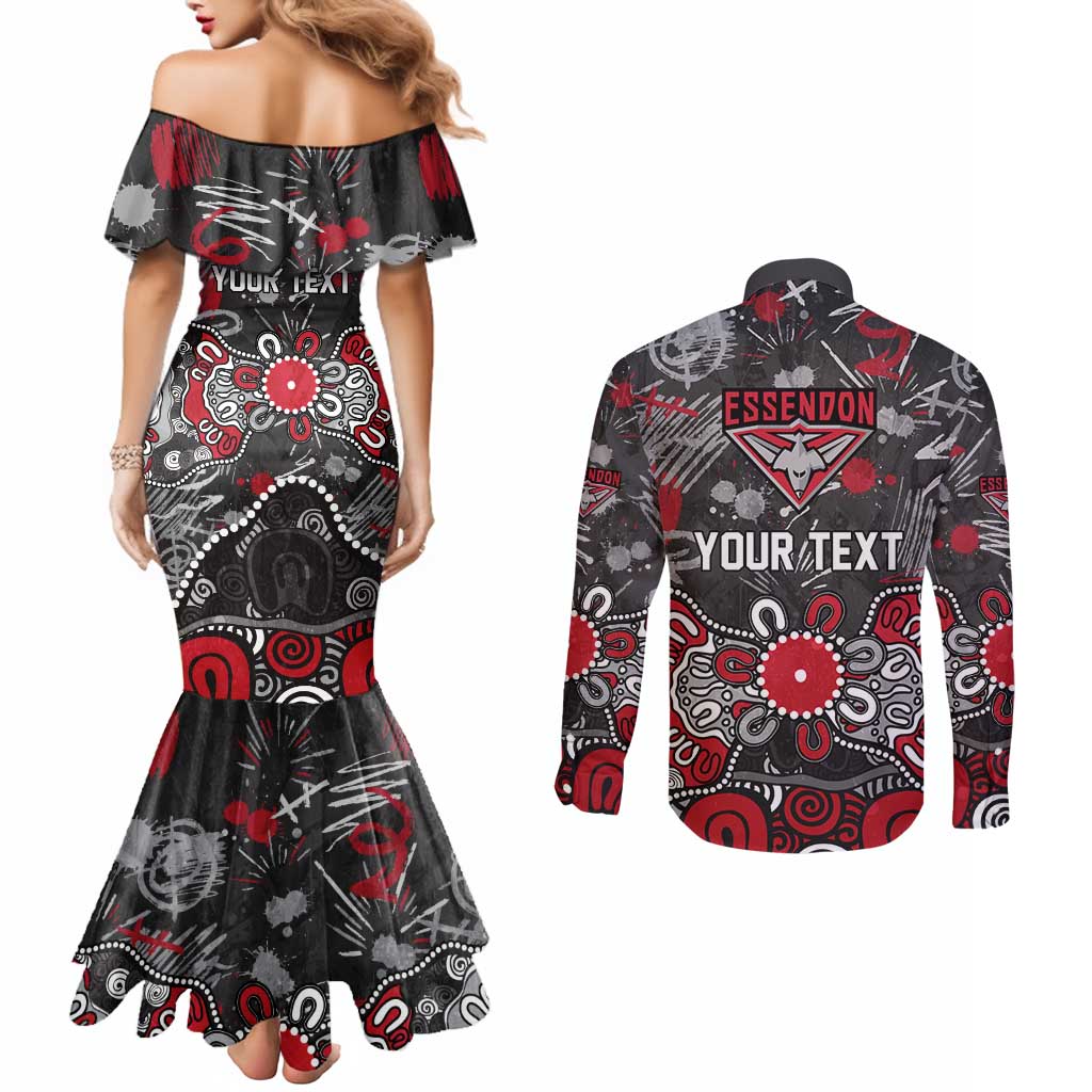 Personalized Essendon Bombers Couples Matching Mermaid Dress and Long Sleeve Button Shirt Aboriginal Dot Painting Graffiti Style