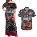 Personalized Essendon Bombers Couples Matching Off Shoulder Maxi Dress and Hawaiian Shirt Aboriginal Dot Painting Graffiti Style
