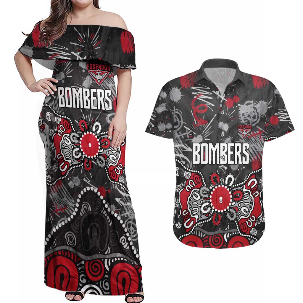 Personalized Essendon Bombers Couples Matching Off Shoulder Maxi Dress and Hawaiian Shirt Aboriginal Dot Painting Graffiti Style