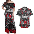 Personalized Essendon Bombers Couples Matching Off Shoulder Maxi Dress and Hawaiian Shirt Aboriginal Dot Painting Graffiti Style