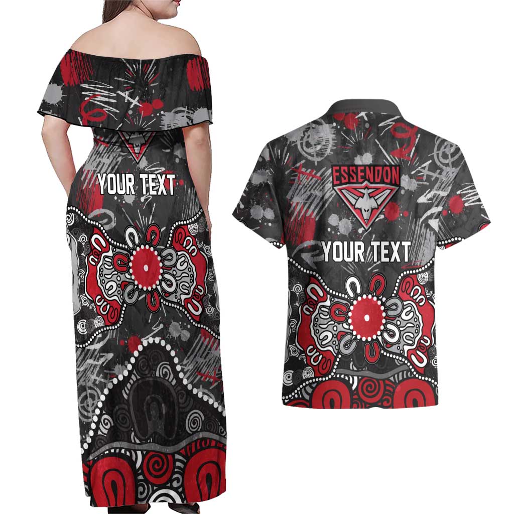 Personalized Essendon Bombers Couples Matching Off Shoulder Maxi Dress and Hawaiian Shirt Aboriginal Dot Painting Graffiti Style