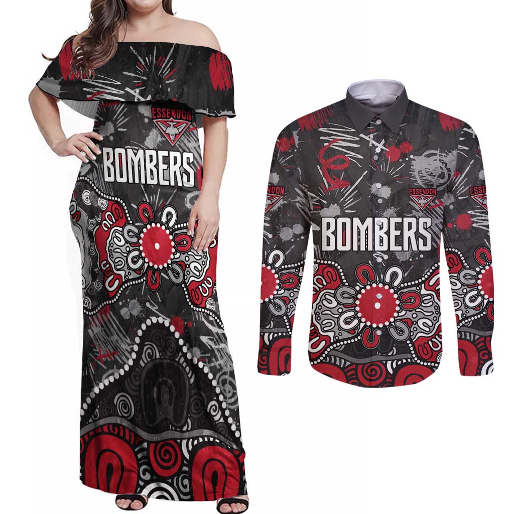 Personalized Essendon Bombers Couples Matching Off Shoulder Maxi Dress and Long Sleeve Button Shirt Aboriginal Dot Painting Graffiti Style