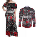 Personalized Essendon Bombers Couples Matching Off Shoulder Maxi Dress and Long Sleeve Button Shirt Aboriginal Dot Painting Graffiti Style