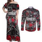 Personalized Essendon Bombers Couples Matching Off Shoulder Maxi Dress and Long Sleeve Button Shirt Aboriginal Dot Painting Graffiti Style