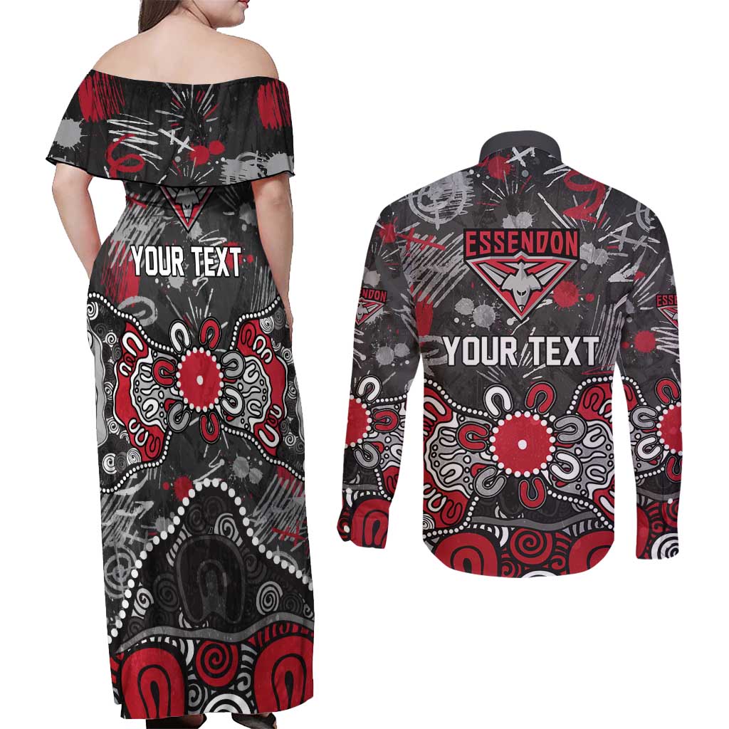 Personalized Essendon Bombers Couples Matching Off Shoulder Maxi Dress and Long Sleeve Button Shirt Aboriginal Dot Painting Graffiti Style