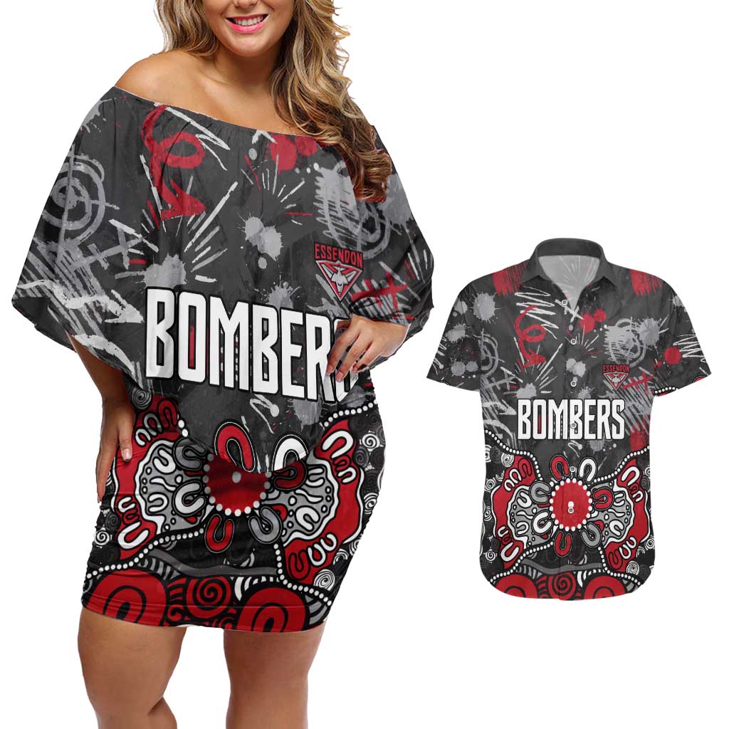 Personalized Essendon Bombers Couples Matching Off Shoulder Short Dress and Hawaiian Shirt Aboriginal Dot Painting Graffiti Style