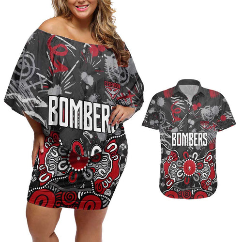 Personalized Essendon Bombers Couples Matching Off Shoulder Short Dress and Hawaiian Shirt Aboriginal Dot Painting Graffiti Style