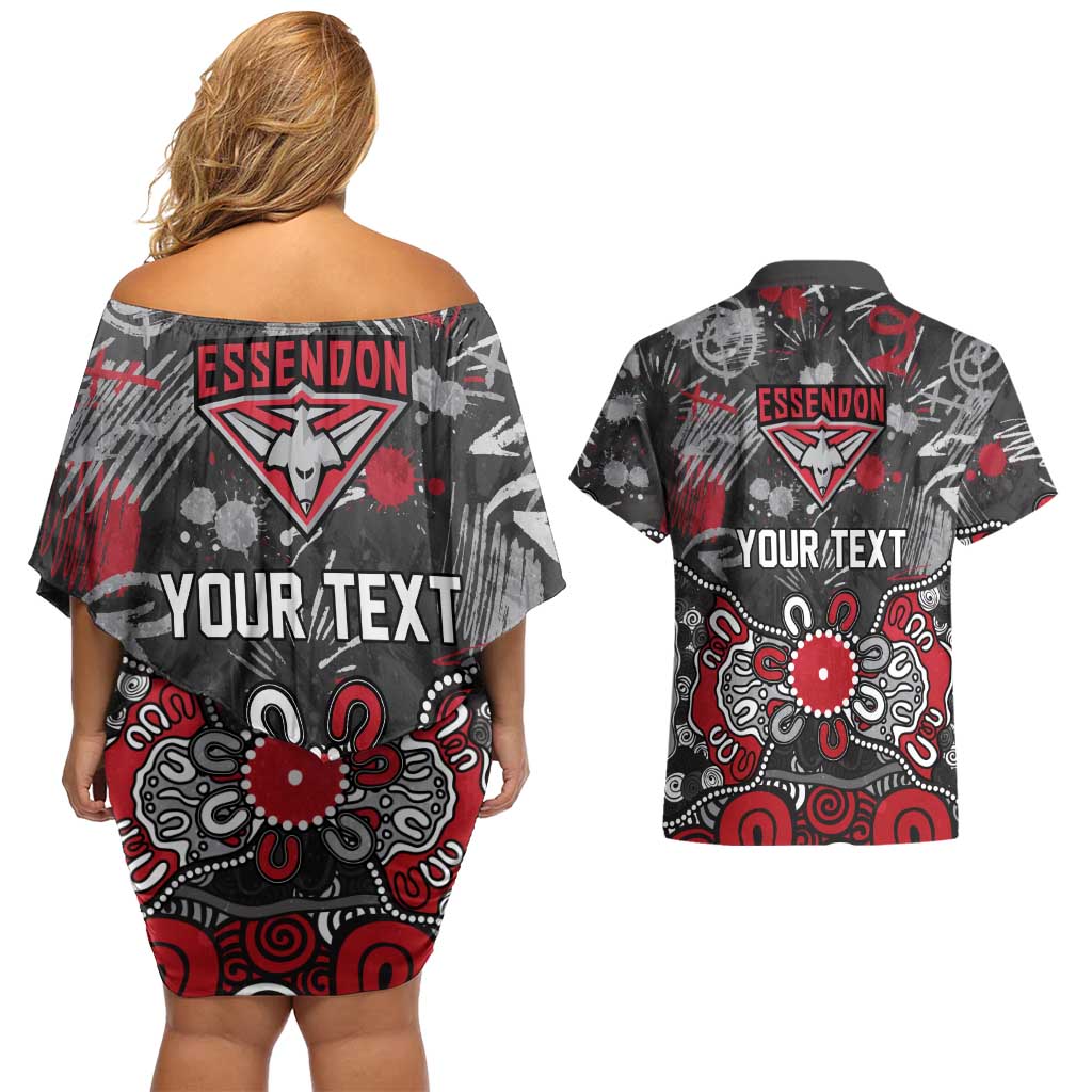Personalized Essendon Bombers Couples Matching Off Shoulder Short Dress and Hawaiian Shirt Aboriginal Dot Painting Graffiti Style