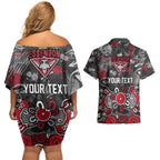 Personalized Essendon Bombers Couples Matching Off Shoulder Short Dress and Hawaiian Shirt Aboriginal Dot Painting Graffiti Style