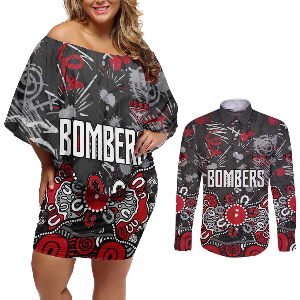 Personalized Essendon Bombers Couples Matching Off Shoulder Short Dress and Long Sleeve Button Shirt Aboriginal Dot Painting Graffiti Style