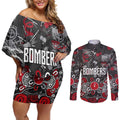 Personalized Essendon Bombers Couples Matching Off Shoulder Short Dress and Long Sleeve Button Shirt Aboriginal Dot Painting Graffiti Style