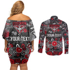 Personalized Essendon Bombers Couples Matching Off Shoulder Short Dress and Long Sleeve Button Shirt Aboriginal Dot Painting Graffiti Style
