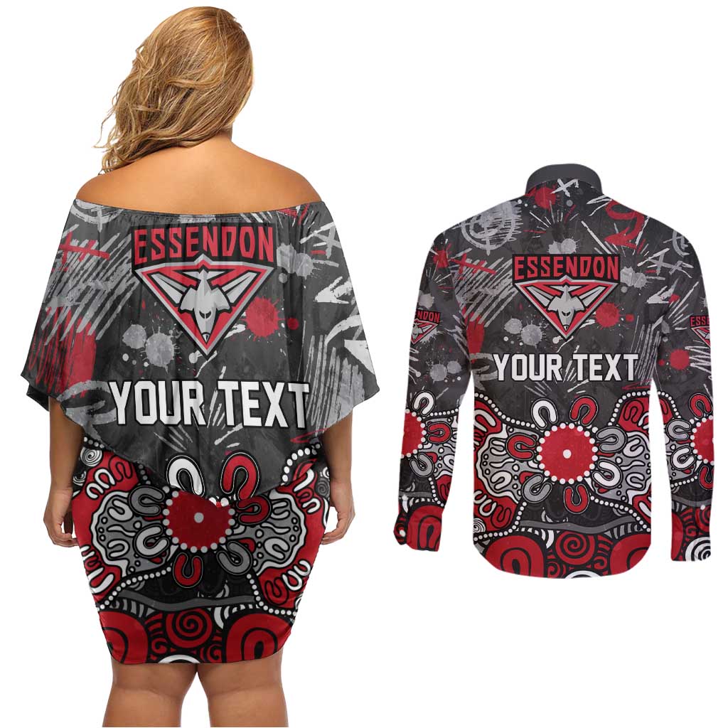 Personalized Essendon Bombers Couples Matching Off Shoulder Short Dress and Long Sleeve Button Shirt Aboriginal Dot Painting Graffiti Style