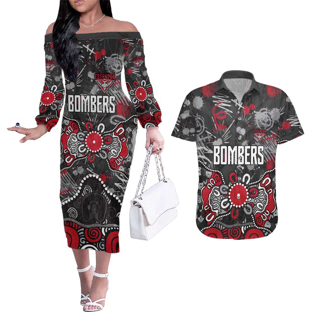 Personalized Essendon Bombers Couples Matching Off The Shoulder Long Sleeve Dress and Hawaiian Shirt Aboriginal Dot Painting Graffiti Style