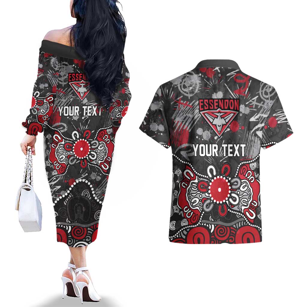 Personalized Essendon Bombers Couples Matching Off The Shoulder Long Sleeve Dress and Hawaiian Shirt Aboriginal Dot Painting Graffiti Style