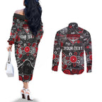 Personalized Essendon Bombers Couples Matching Off The Shoulder Long Sleeve Dress and Long Sleeve Button Shirt Aboriginal Dot Painting Graffiti Style