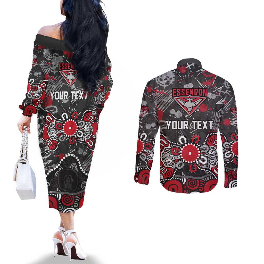Personalized Essendon Bombers Couples Matching Off The Shoulder Long Sleeve Dress and Long Sleeve Button Shirt Aboriginal Dot Painting Graffiti Style