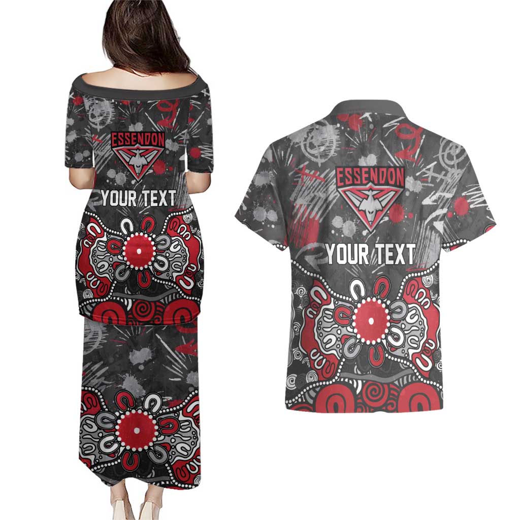 Personalized Essendon Bombers Couples Matching Puletasi and Hawaiian Shirt Aboriginal Dot Painting Graffiti Style
