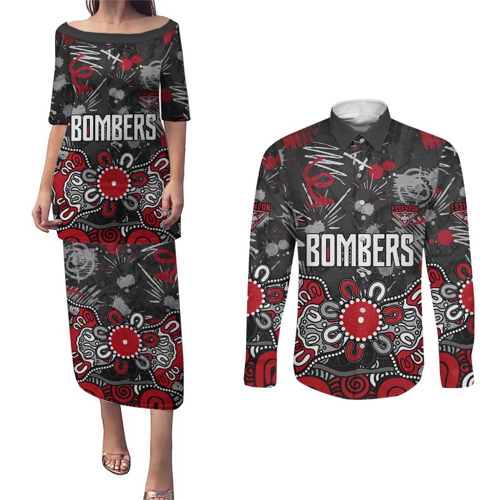 Personalized Essendon Bombers Couples Matching Puletasi and Long Sleeve Button Shirt Aboriginal Dot Painting Graffiti Style