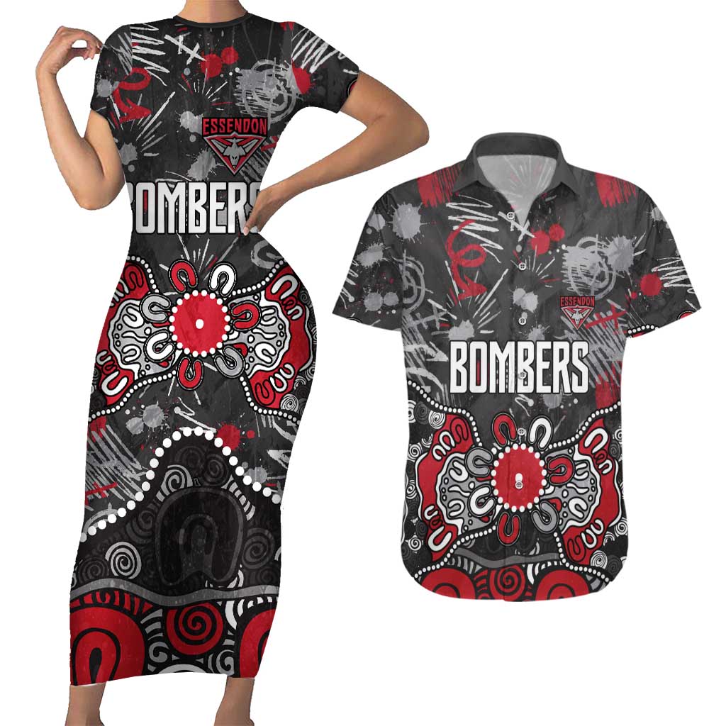 Personalized Essendon Bombers Couples Matching Short Sleeve Bodycon Dress and Hawaiian Shirt Aboriginal Dot Painting Graffiti Style