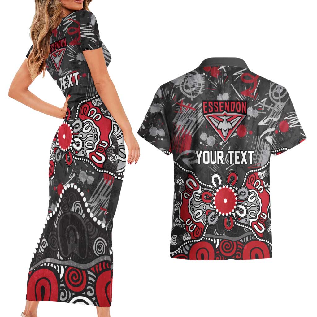 Personalized Essendon Bombers Couples Matching Short Sleeve Bodycon Dress and Hawaiian Shirt Aboriginal Dot Painting Graffiti Style
